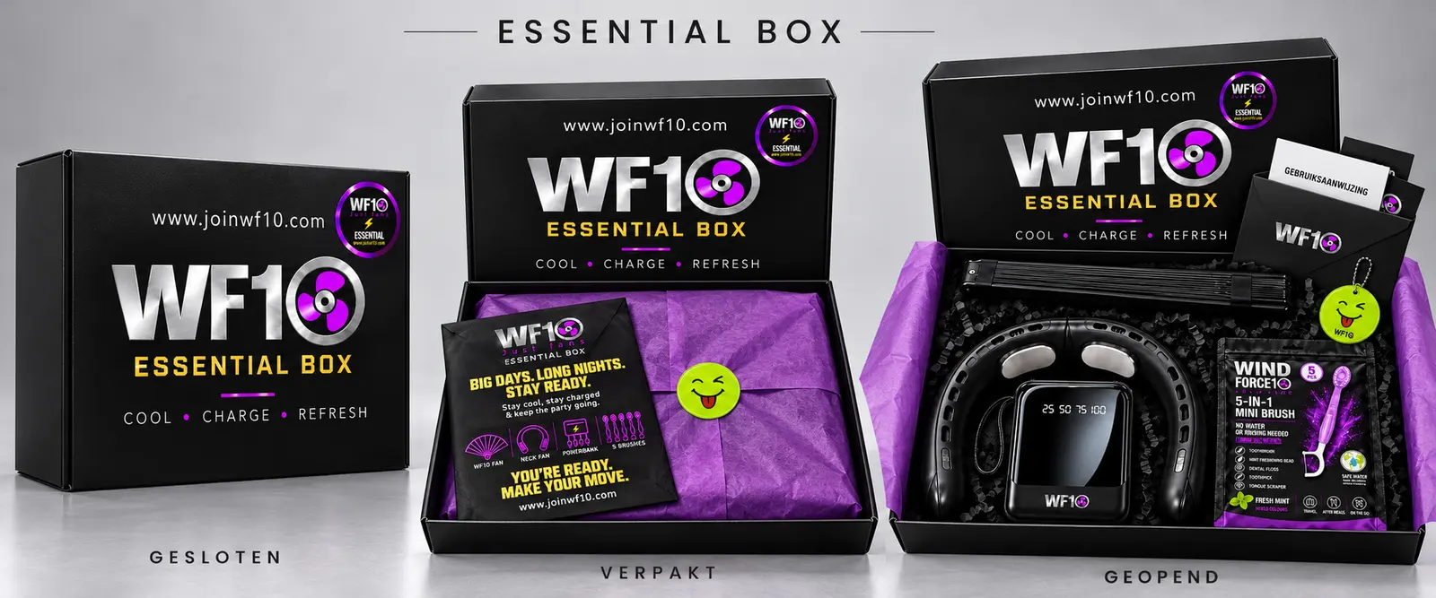 WF10 Essential Box closed, wrapped and opened
