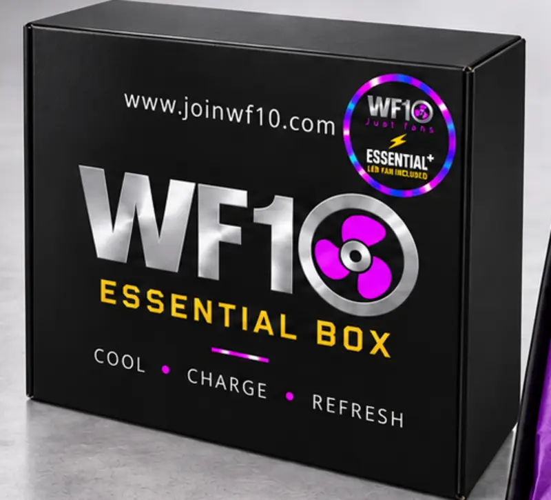 Closed black WF10 Essential Box+ with an LED fan included sticker