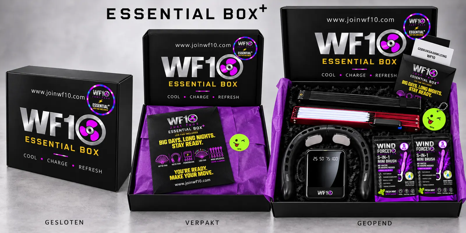 WF10 Essential Box+ closed, wrapped and opened