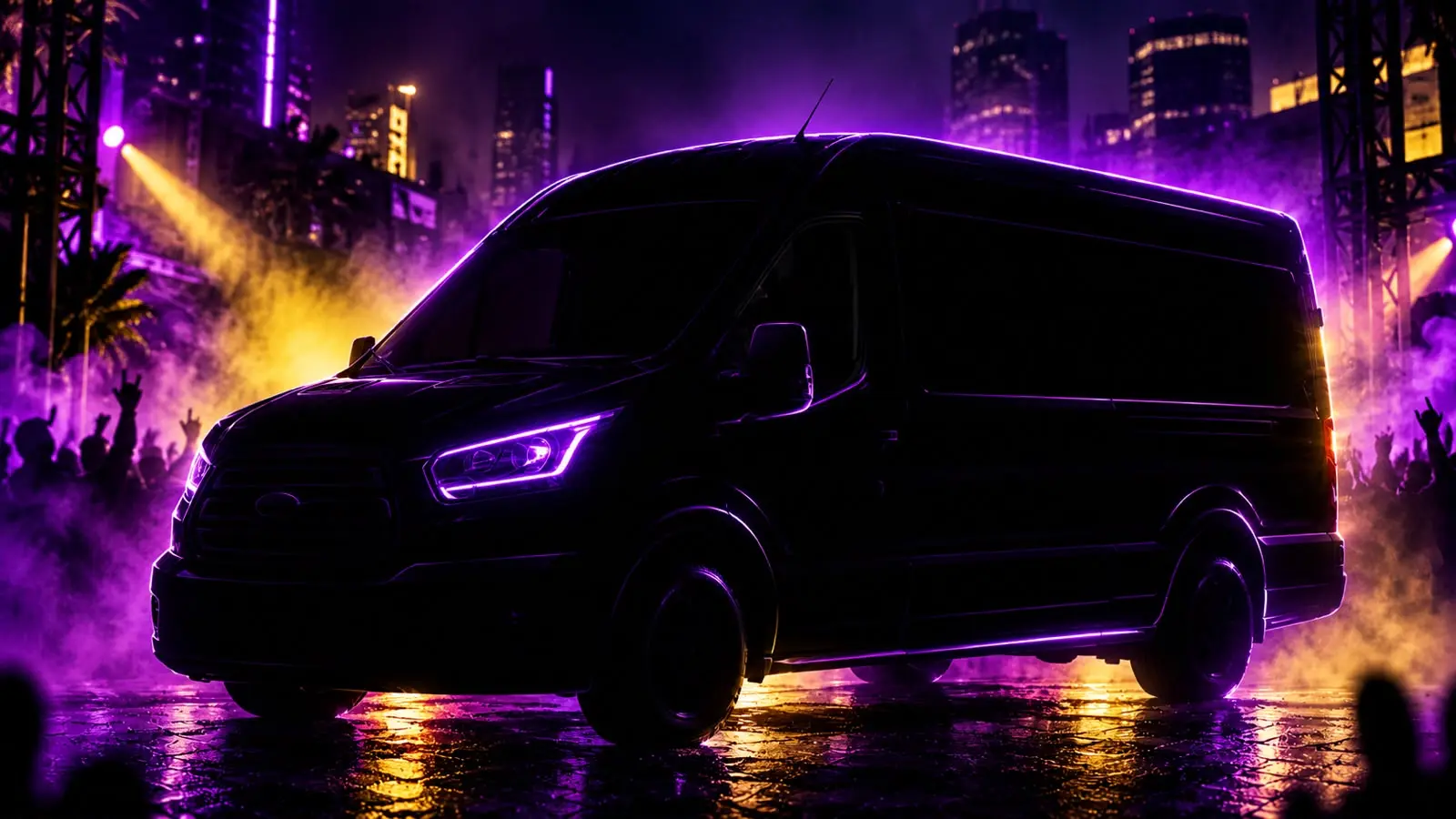 Dark silhouette of the WF10 bus in purple light, still locked