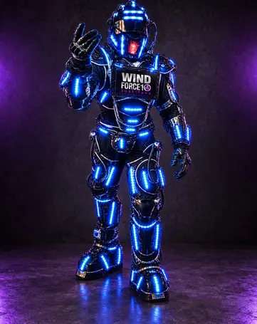 LED robot performer in blue light