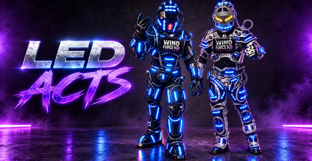 LED Acts: two robot performers in blue and silver with LED lighting