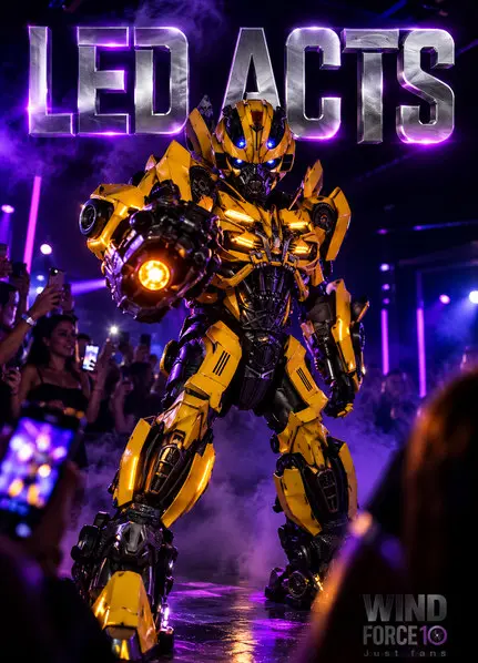 Yellow robot performer in a packed club